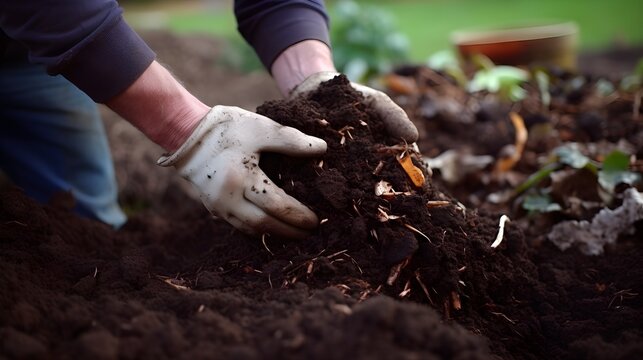 Freshly churned compost, close-up of rich compost, with hands mixing, emphasizing sustainable and organic farming methods.