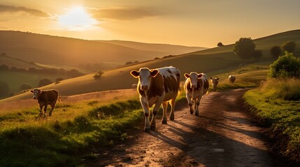 Cattle's evening return, medium shot of cows making their way home, the setting sun painting them in golden hues, showcasing daily farming life. - obrazy, fototapety, plakaty