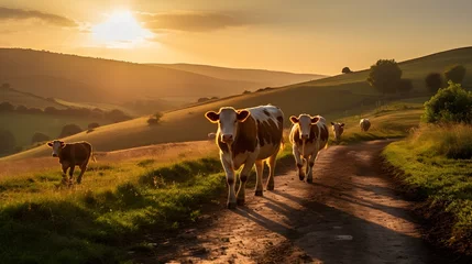 Poster Cattle's evening return, medium shot of cows making their way home, the setting sun painting them in golden hues, showcasing daily farming life. © Cassova
