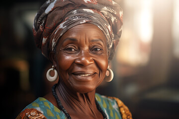 Smiling elderly black woman. Old person. AI. - obrazy, fototapety, plakaty