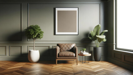 Modern classic living space with leather armchair and botanical accents, showcasing a blank art canvas within a sophisticated paneled room, perfect for interior design concepts and home staging