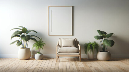 Spacious room with wooden floor, empty poster frame mock-up, comfortable armchair and lush green plants, interior design concept