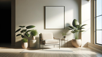 Sunlit minimalist living area with a blank poster frame mock-up, lush green plants, and a neutral-toned armchair, home decor concept