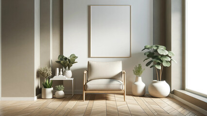 Minimalistic living space with empty poster frame mock-up, beige accent chair and lush green plants, tranquil home ambiance, interior design concept