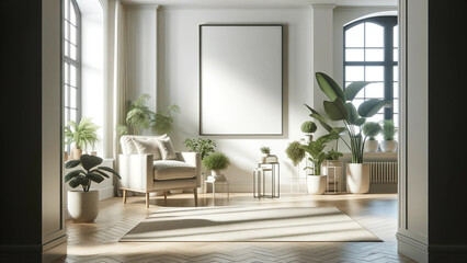 Elegant living room interior with a blank poster frame mock-up, stylish furnishings complemented by green indoor plants, modern home design, decor concept