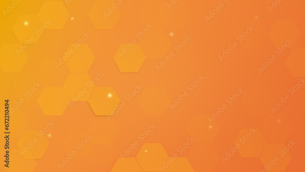Poster Yellow and orange hexagons on a orange color gradient background. Abstract high resolution full frame modern technology illustration with copy space.