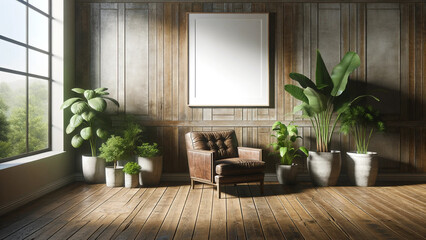 Spacious room with wooden wall paneling, blank white poster mock-up, lush green plants in modern pots, comfortable leather armchair near a sunlit window, home interior, nature outside, living space