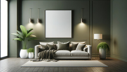 Living space with muted green walls, plush sofa with soft cushions, empty white frame mock-up, pendant lighting casting gentle glow, indoor plants, contemporary interior design concept