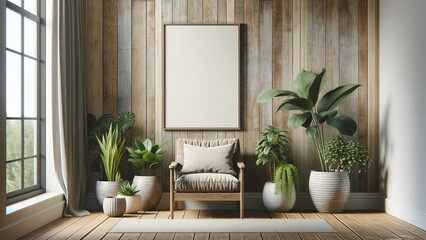 Elegant living room interior with wooden walls, cozy chair, blank white poster frame for mock-up, assortment of lush green plants in stylish pots, sunlight streaming through window, modern home decor