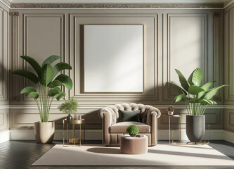 Elegant living room with classical wooden panels, large blank white canvas for art or ad, plush tufted sofa, green tropical plants in designer pots, modern gold accent tables, luxury home decor