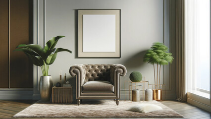 Sophisticated corner vignette with a touch of botanical elegance, spotlighting a luxurious tufted leather armchair, ambient gold-accented accessories, and an array of verdant plants, all harmoniously 