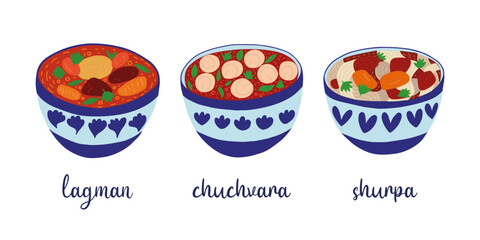 Set of central Asian cuisine soups cartoon style. Lagman, chuchvara and shurpa in bowl set of soups vector