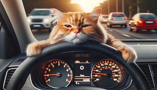 AI generated photo of an exhausted orange tabby cat behind the wheel of a car. The cat's eyes are half-closed, and it has a weary, fed-up expression. 