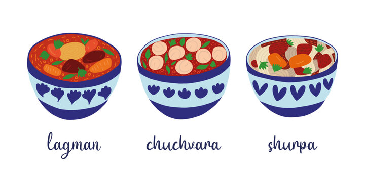 Set of central Asian cuisine soups cartoon style. Lagman, chuchvara and shurpa in bowl set of soups vector