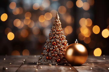 Merry Christmas and New Year holidays background. Blurred bokeh background. Decorated Christmas tree on blurred background. De-focused lights, gold bokeh.