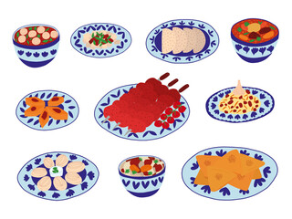 Set of Central Asian food cuisine dishes in cartoon style. Different kinds of central Asian cuisine samsa, shorpa, shashlik, pilaf, lagman soup and beshbarmak vector set - obrazy, fototapety, plakaty