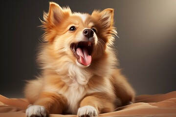 Joyful Pomeranian Dog Close-up with Radiant Golden Fur and Playful Expression.