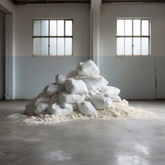 A pile of cellulose wadding, scattered on a concrete floor, paper powder.