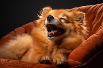 Blissful Pomeranian Dog Close-up Resting on Luxurious Burnt-Orange Couch.