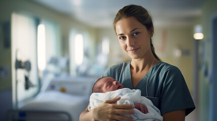 Portrait of pediatrician nurse holding and taking care newborn baby in hospital ward
