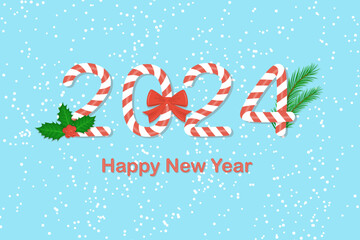 Happy new year 2024 background with numbers in candy cane shape