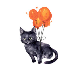 Fototapeta premium Vector illustration of a smiling cat on air balloons. Love and balloons Print for printing.