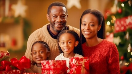Obraz na płótnie Canvas Portrait happy African American family with two children holding a Christmas gift boxes, smiling mother and father with adorable daughters looking at camera, celebrating New year.