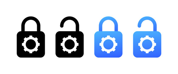 Gear locks. Different styles, access settings, open and closed lock, gear icons. Vector icons