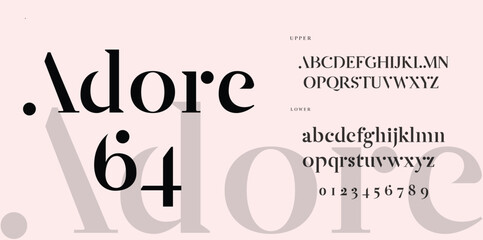 ADORE Elegant Font Uppercase Lowercase and Number. Classic Lettering Minimal Fashion Designs. Typography modern serif fonts regular decorative vintage concept. vector illustration