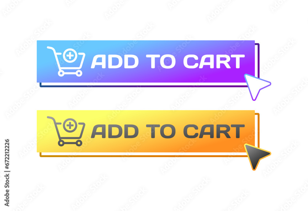 Poster add to cart buttons. flat, color, add to cart buttons, cursor on button, cart with plus. vector icon