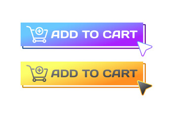 Add to cart buttons. Flat, color, add to cart buttons, cursor on button, cart with plus. Vector icons