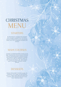 Christmas menu with a hand painted snowy watercolour background