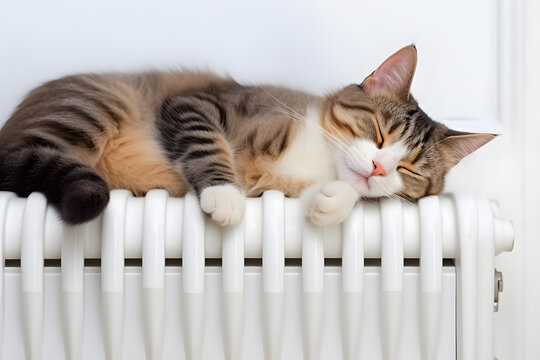 Domestic Cat Sleeping On White Heating Radiator