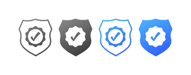 Check mark inside shield icon. Different styles, verified protection icons, check mark inside the shield. Vector icons