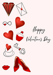 Vector illustration of Happy Valentine's Day invitation. A frame of red hearts. For printing on prints, logos, invitations or labels