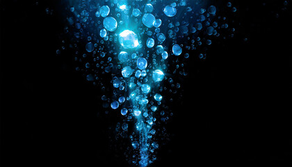 Swirl of blue water bubbles at black background, free space for your text