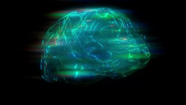 rotating animation of digital brain activity, synapse flow and neuronal connections