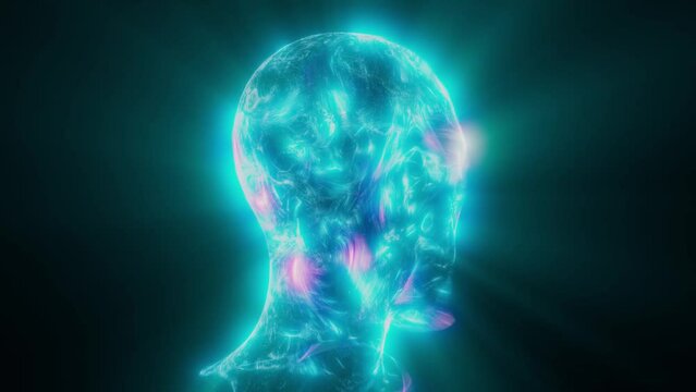 rotating human blue particle head animation; abstract particle field flowing