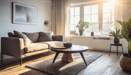 Fototapeta premium Cozy loveseat sofa near round accent coffee table. Scandinavian home interior design of modern living room in farmhouse