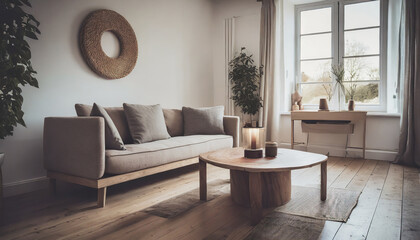 Fototapeta premium Cozy loveseat sofa near round accent coffee table. Scandinavian home interior design of modern living room in farmhouse