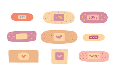 Hand drawn set of adhesive plasters with hearts and stars. Doodle colored illustration isolated on white background.