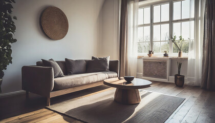 Fototapeta na wymiar Cozy loveseat sofa near round accent coffee table. Scandinavian home interior design of modern living room in farmhouse