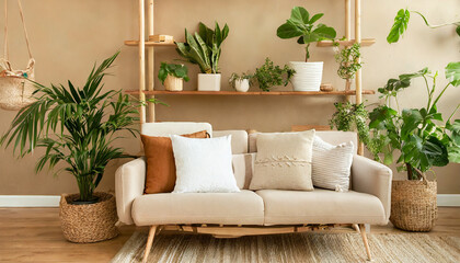 cozy sofa with white and beige cushions and wooden pots with houseplants against beige wall