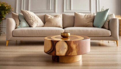 Live edge wooden accent coffee table near sofa close up Interior design of modern living room