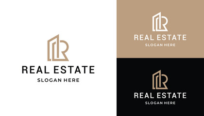 golden initial letter R simple monogram with building for residential and real estate city logo design. - obrazy, fototapety, plakaty