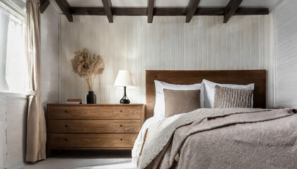 Wood bedside cabinet near bed with beige blanket Farmhouse interior design of modern bedroom with lining wall and beam ceiling