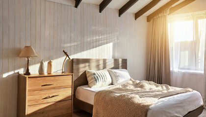 Wood bedside cabinet near bed with beige blanket Farmhouse interior design of modern bedroom with lining wall and beam ceiling