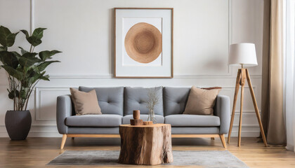 Fototapeta na wymiar Wood stump coffee table near grey sofa against white wall with poster frame Scandinavian nordic home interior design of modern