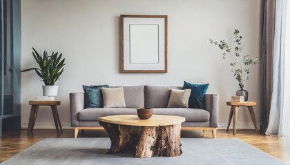 Wood stump coffee table near grey sofa against white wall with poster frame Scandinavian nordic home interior design of modern