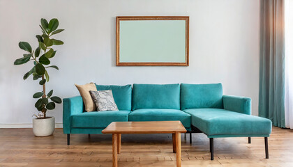 Wooden coffee table near turquoise sofa against wall with frame. Mid-century, retro, vintage style home interior design of modern living room.